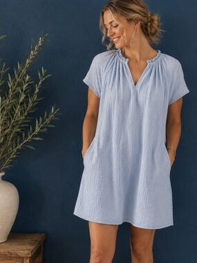 🦋 Old Navy Light Blue 100% Cotton Gauze V-Neck Mini Dress XS